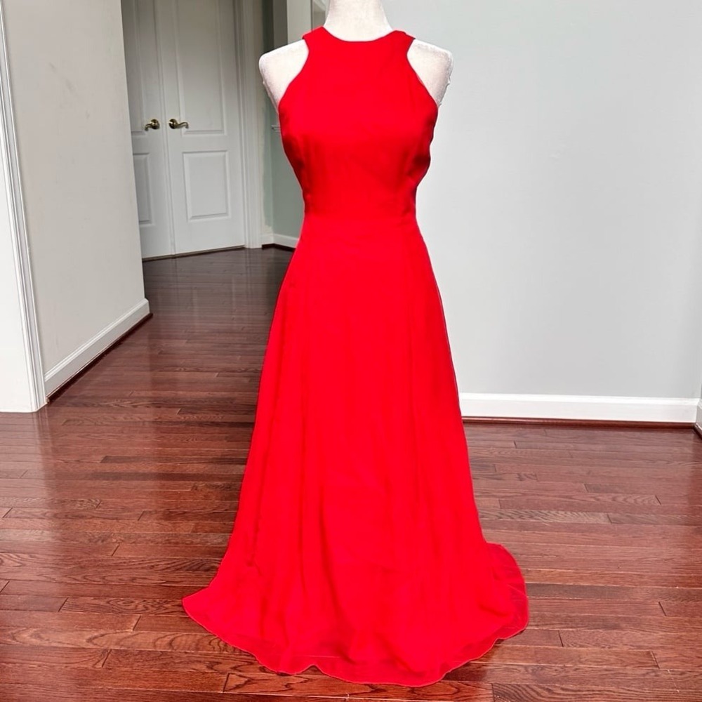Vintage Made in USA Simple Elegant Red High Neck Bow Detail Gown Dress 11/12